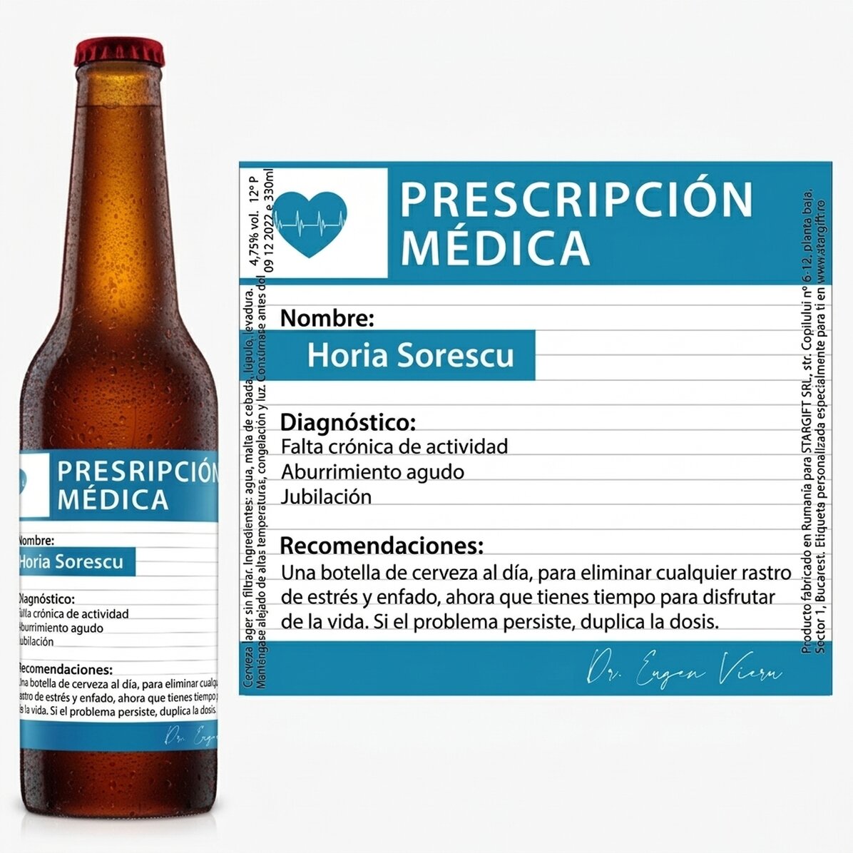 Cerveza personalizada con texto: «Receta médica»