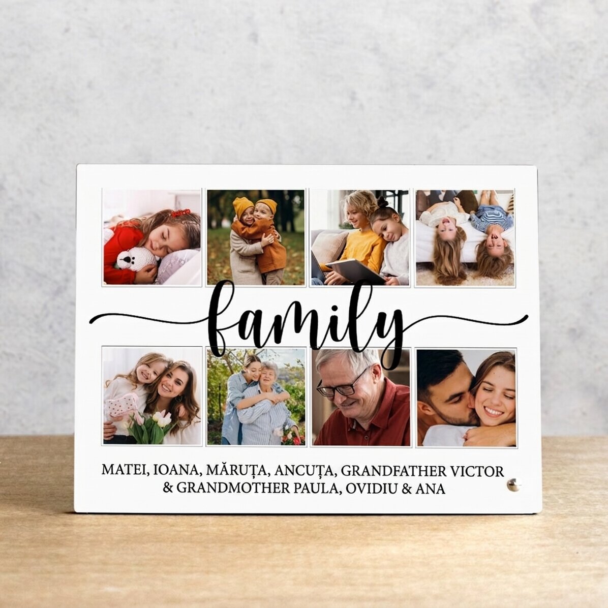 Marco de fotos de escritorio personalizado con 8 fotos y texto - familia