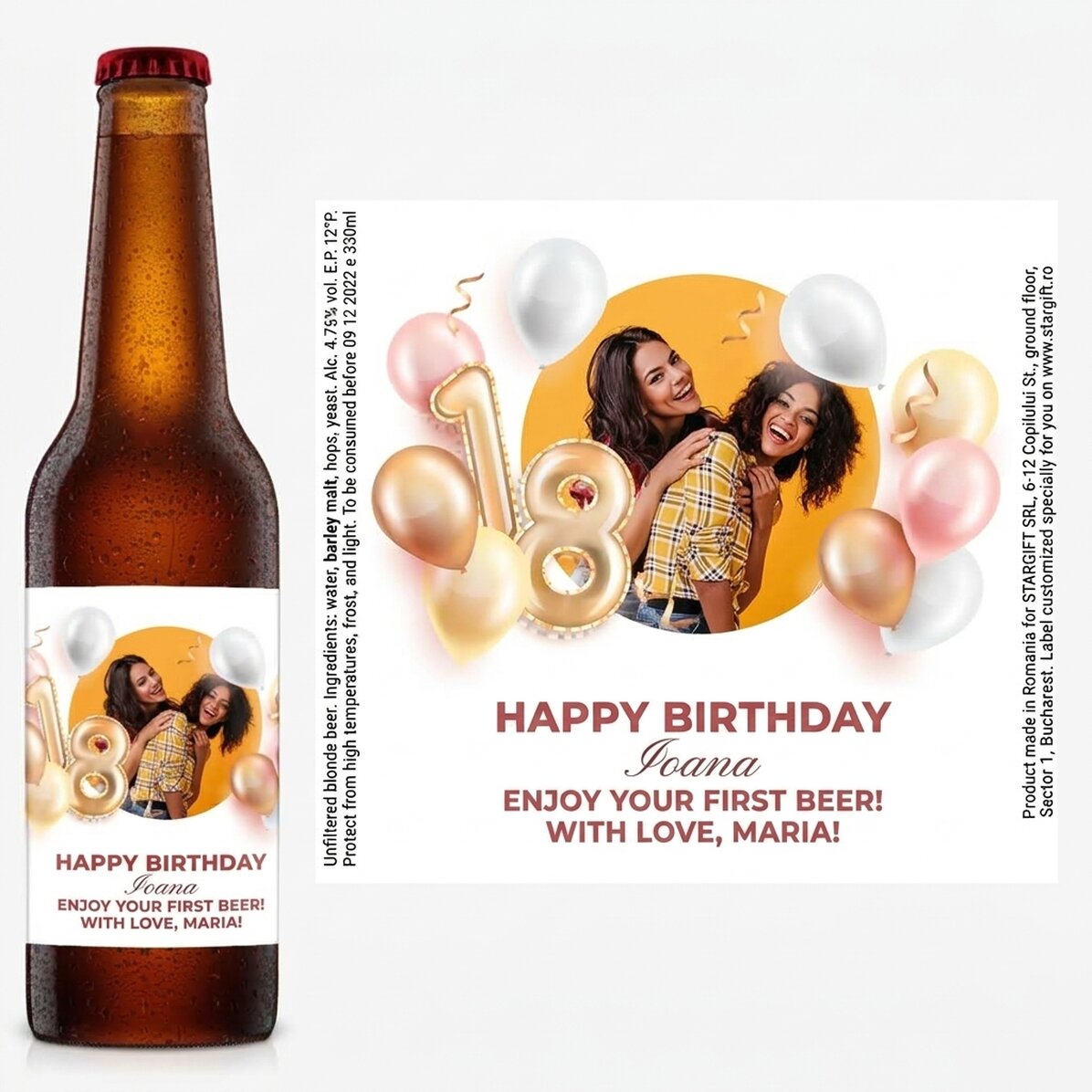 Cerveza personalizada con una foto y un texto para celebrar la mayoría de edad