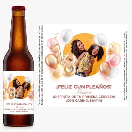 Cerveza personalizada con una foto y un texto para celebrar la mayoría de edad
