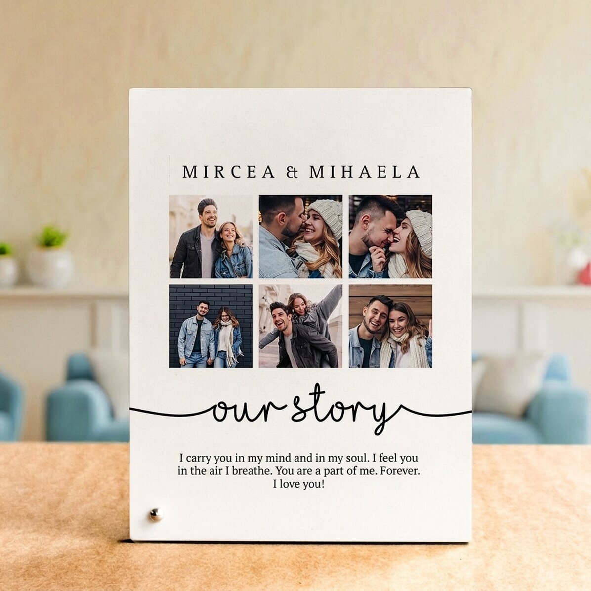 Marco de fotos de escritorio personalizado con 6 fotos y texto - Nuestra historia