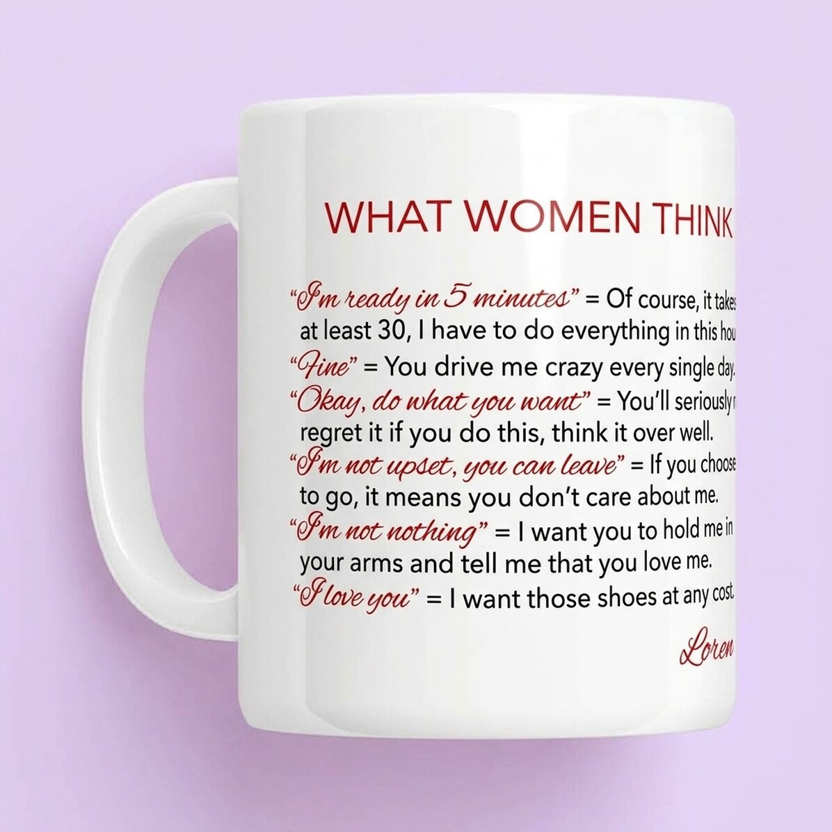 Taza personalizada con texto: «Lo que piensan las mujeres»