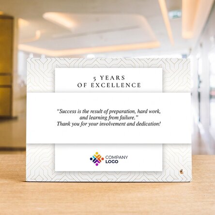 Personalised desk photo frame with logo and text - Brand anniversary (White)