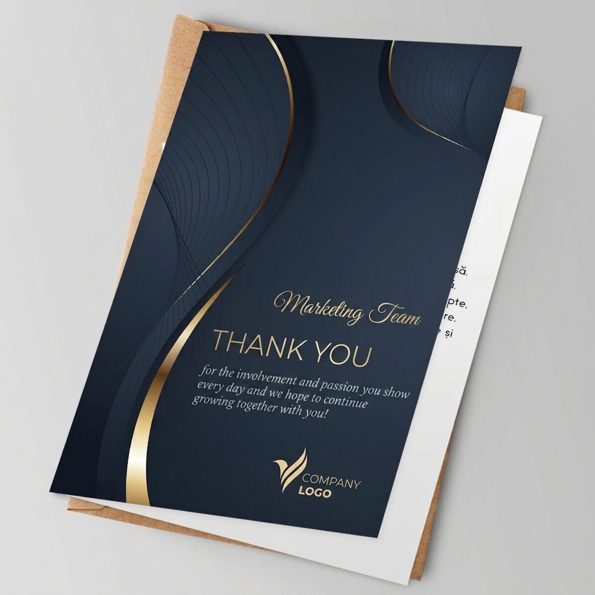 Tarjeta de felicitación personalizada con logotipo y mensaje