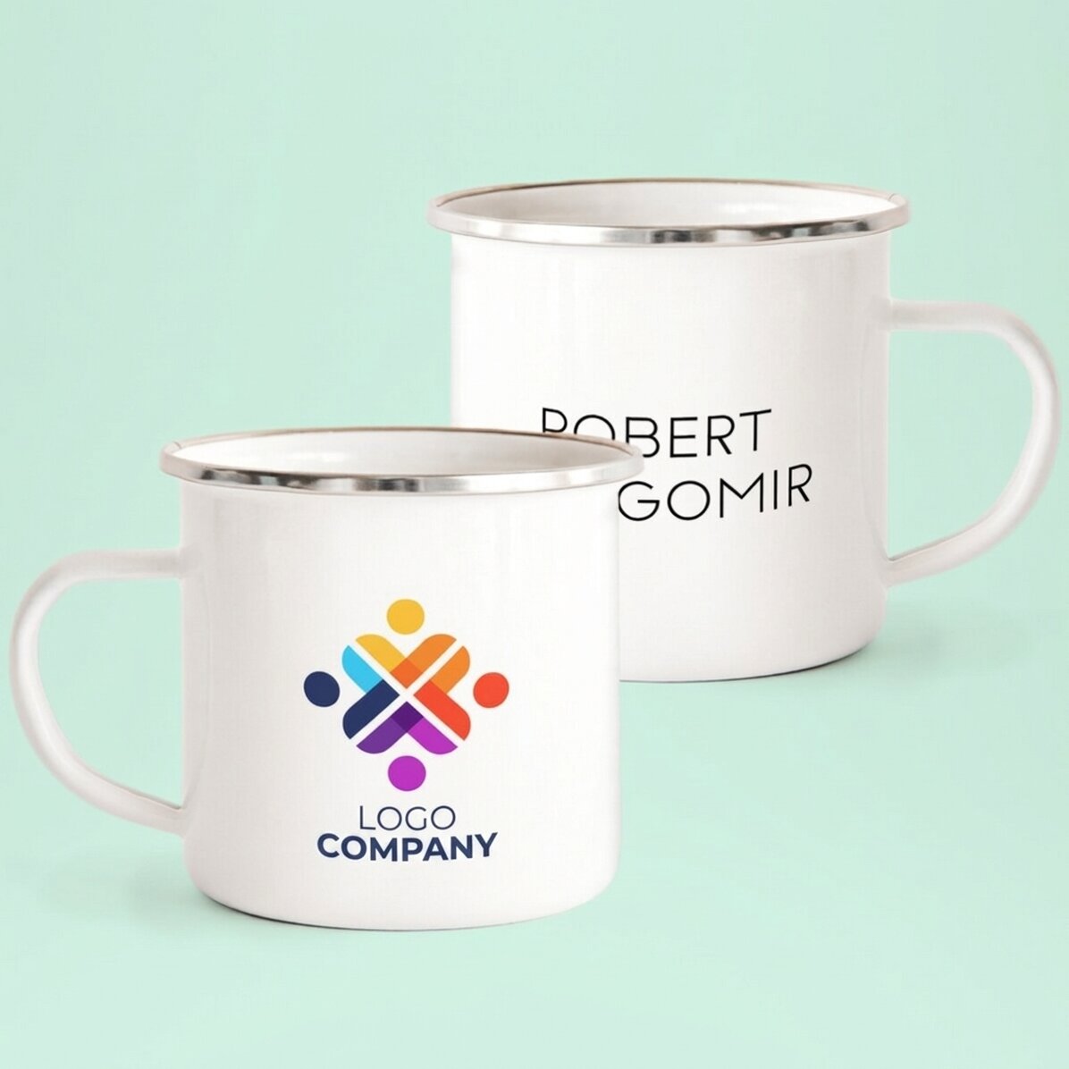 Taza metálica esmaltada personalizada con logotipo y nombre