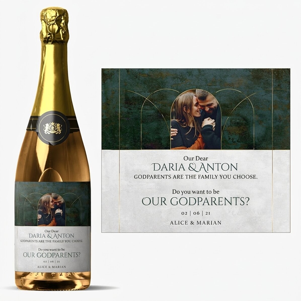 Vino espumoso personalizado con texto y foto: «¿Queréis ser nuestros padrinos?»