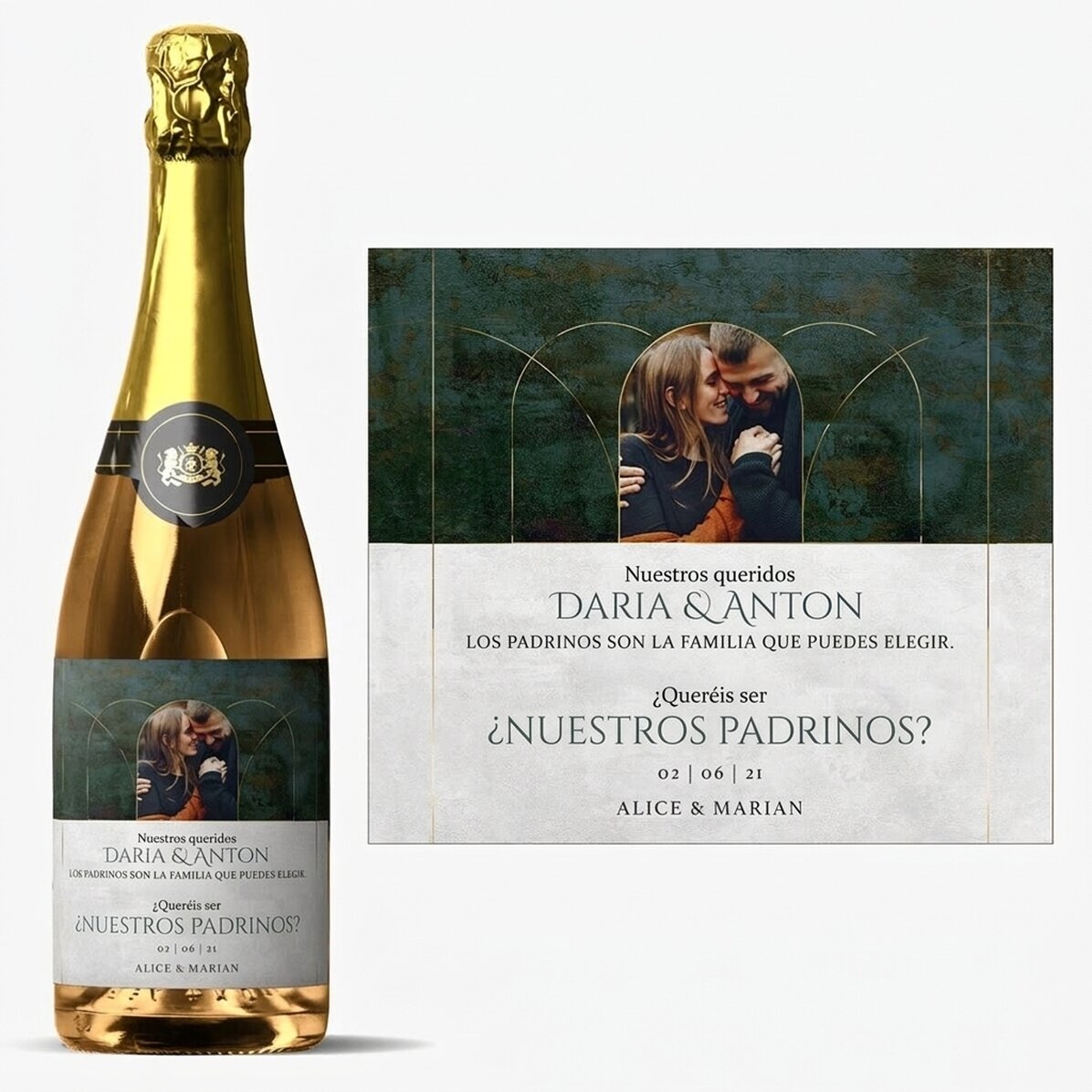 Vino espumoso personalizado con texto y foto: «¿Queréis ser nuestros padrinos?»