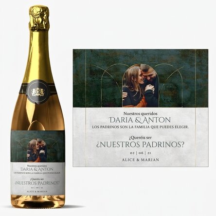 Vino espumoso personalizado con texto y foto: «¿Queréis ser nuestros padrinos?»