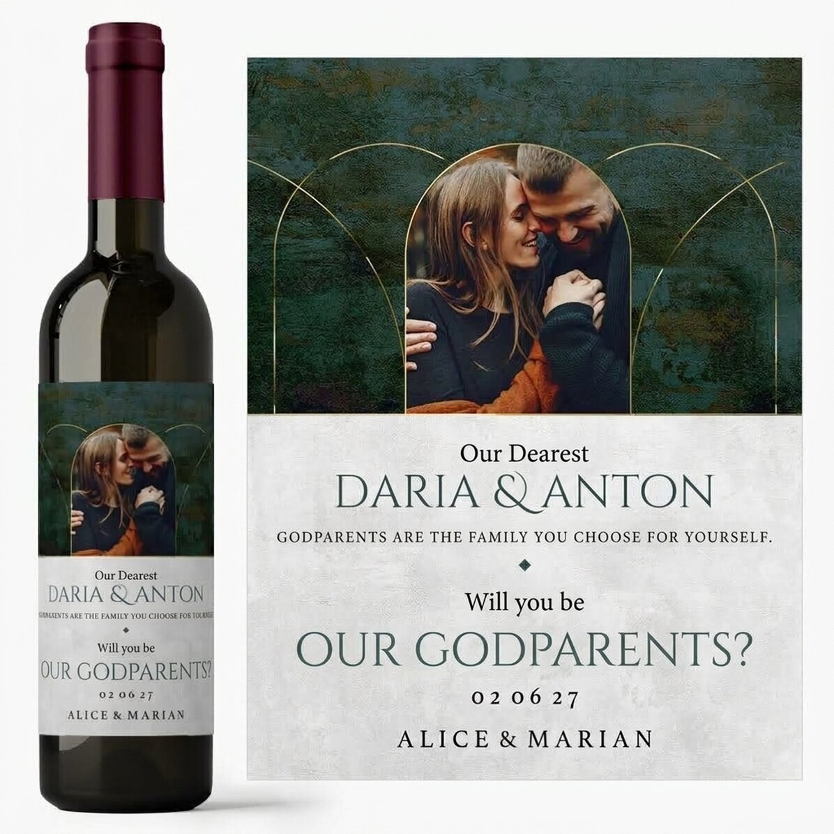 Vino personalizado con texto y una foto: «¿Queréis ser nuestros padrinos?»