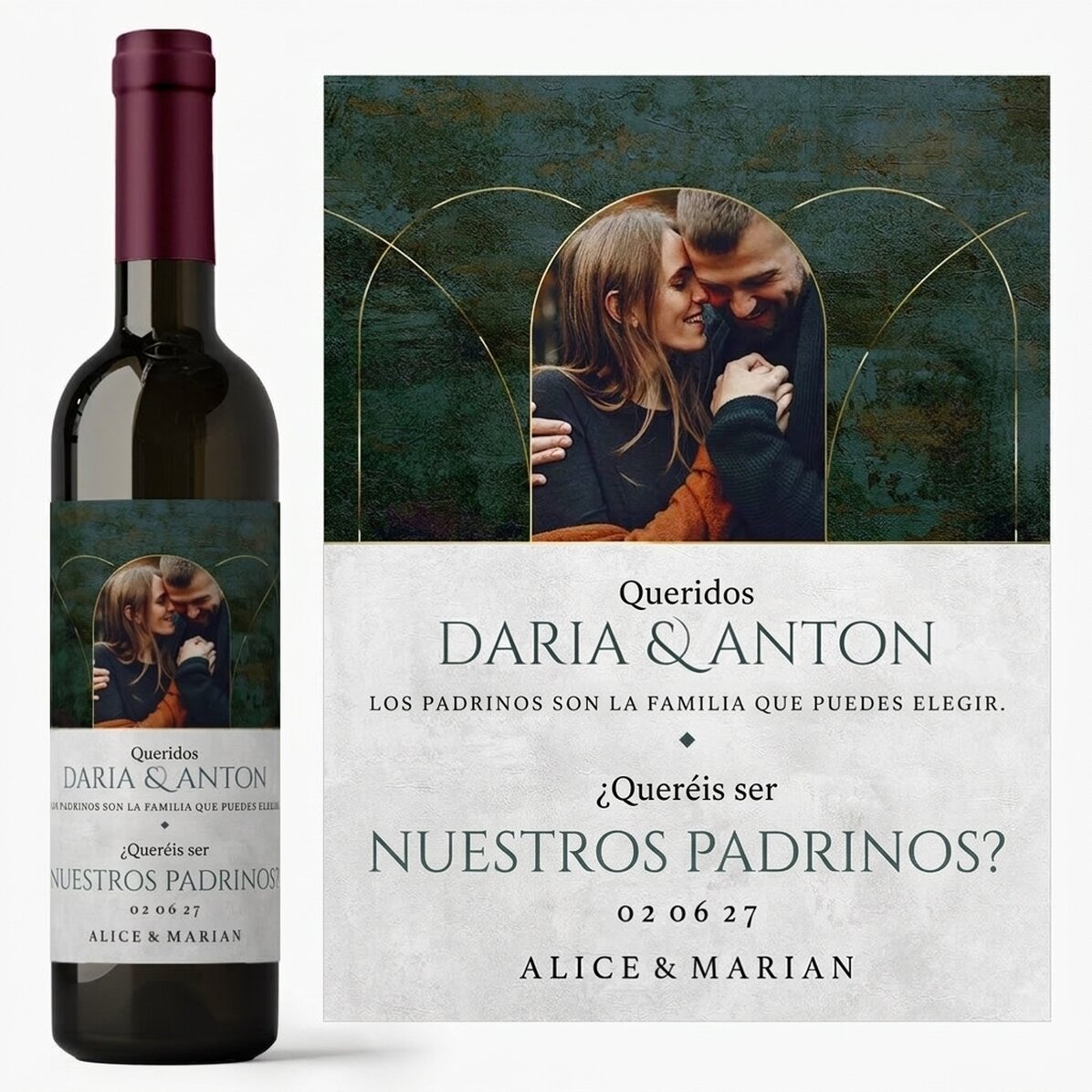Vino personalizado con texto y una foto: «¿Queréis ser nuestros padrinos?»