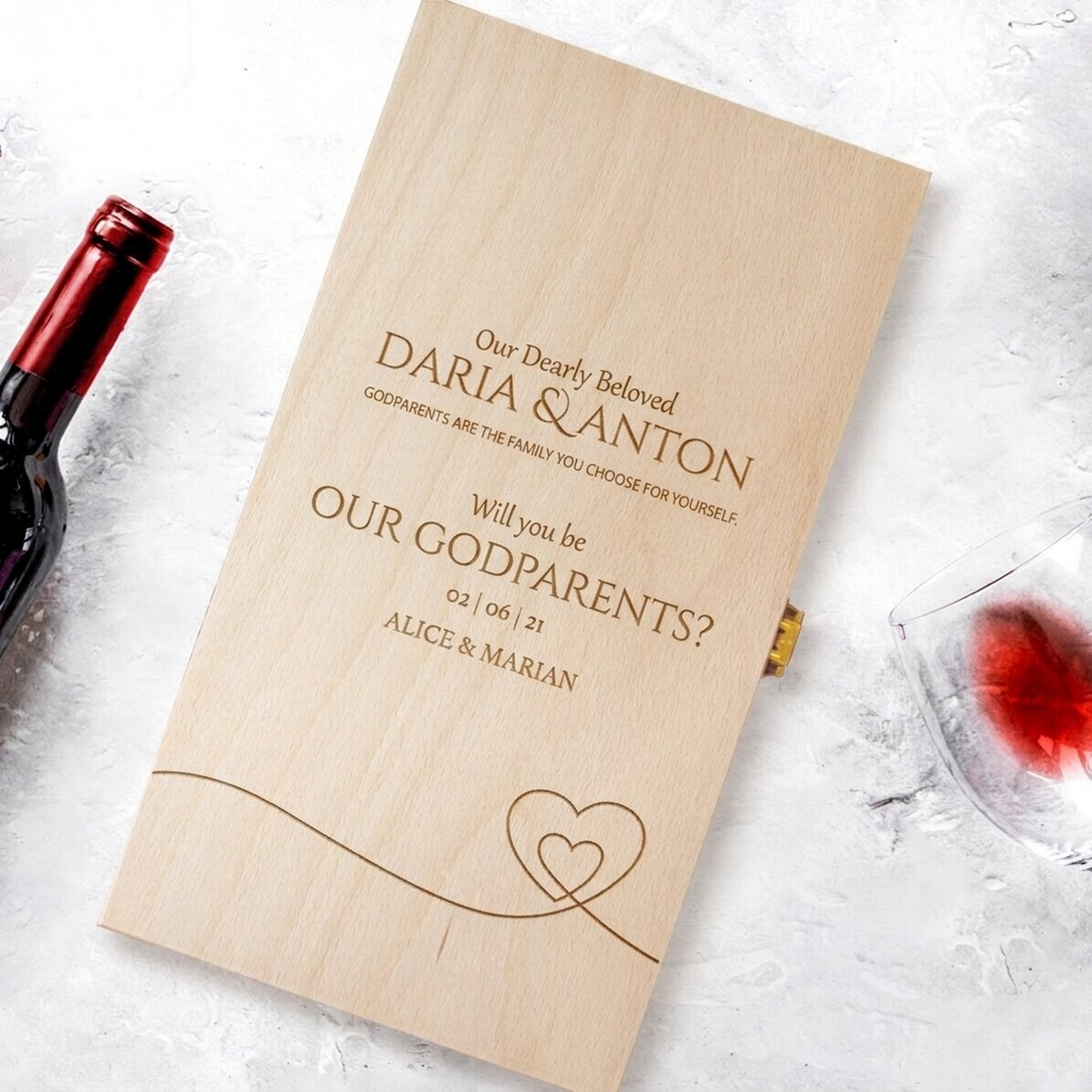 Caja de vino personalizada para dos botellas - Pedido para los padrinos