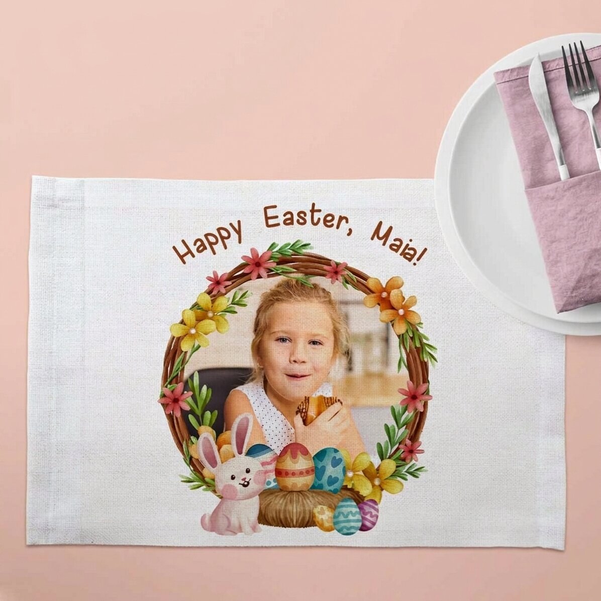 Portaplatos personalizado con una foto y un texto: ¡Feliz Pascua!
