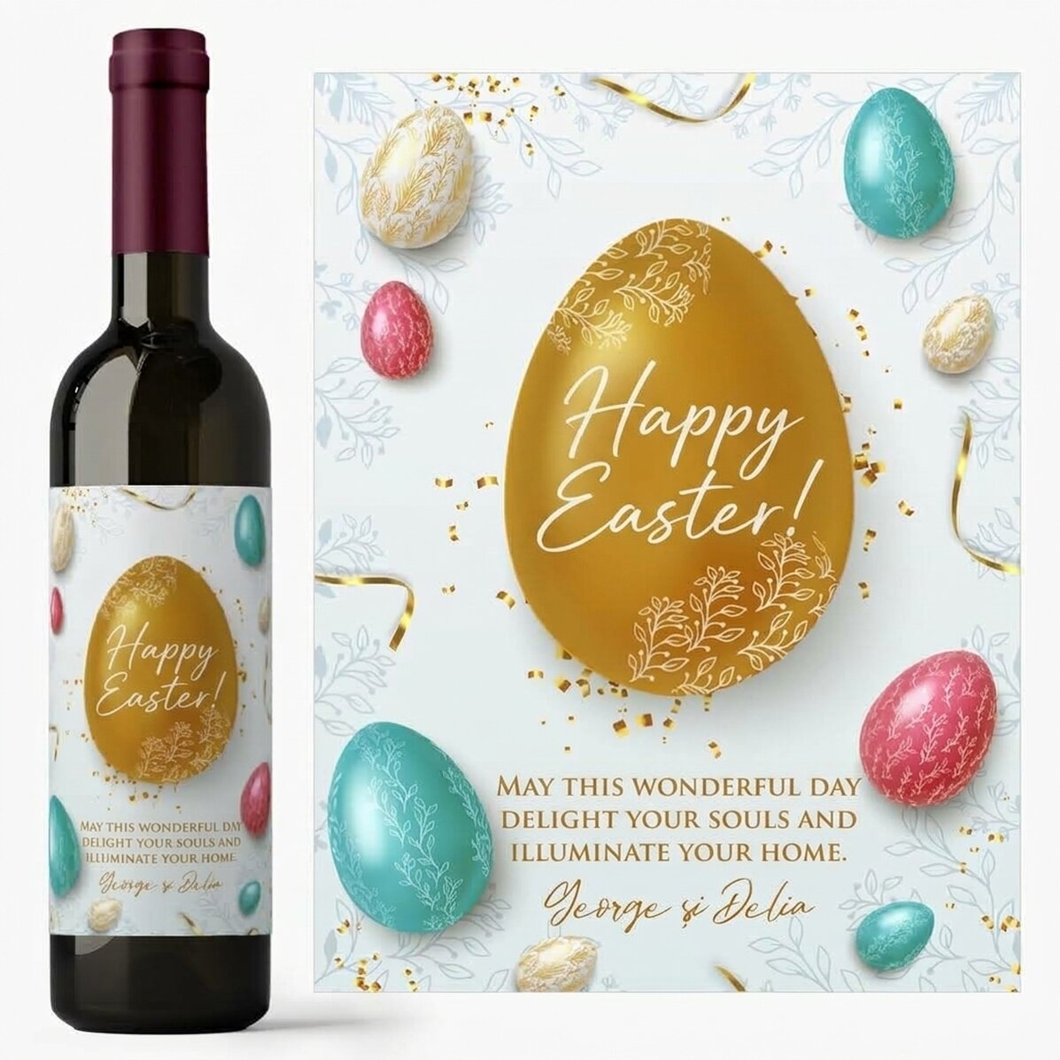 Vino personalizado con un mensaje para Pascua: «Feliz Pascua»