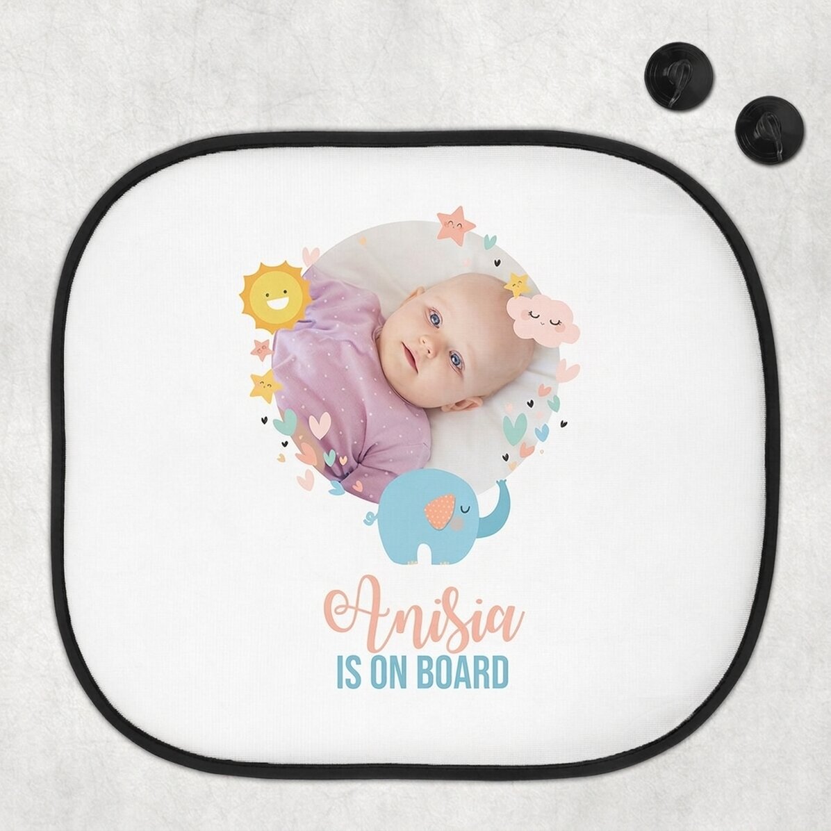 Parasol para coche personalizado con una foto y un texto: «Baby on board»