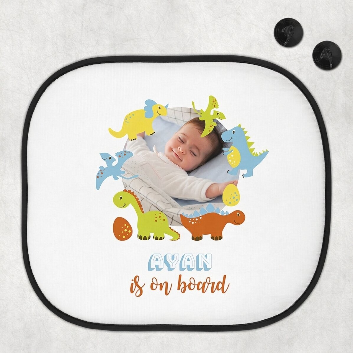 Parasol para el coche personalizado con una foto y un texto: «Baby on board» para niños