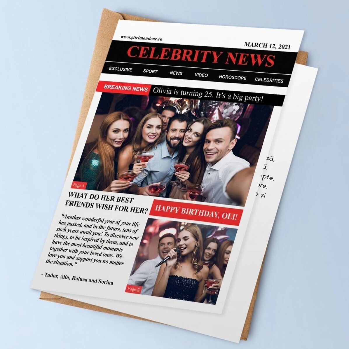 Tarjeta de felicitación personalizada con fotos y texto - Breaking News