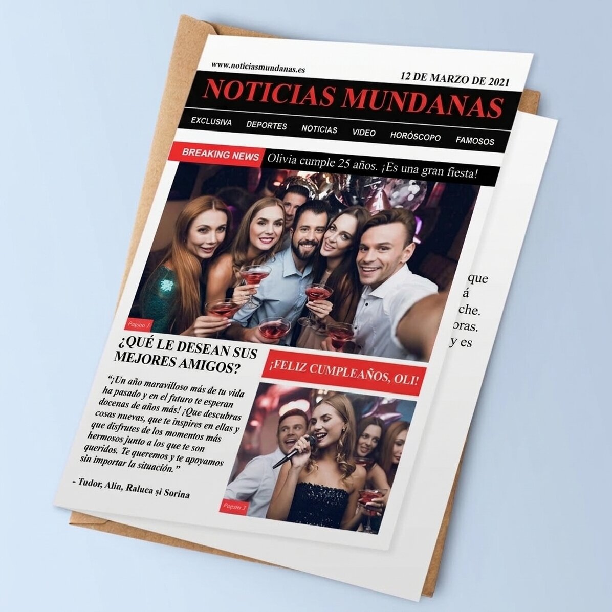 Tarjeta de felicitación personalizada con fotos y texto - Breaking News