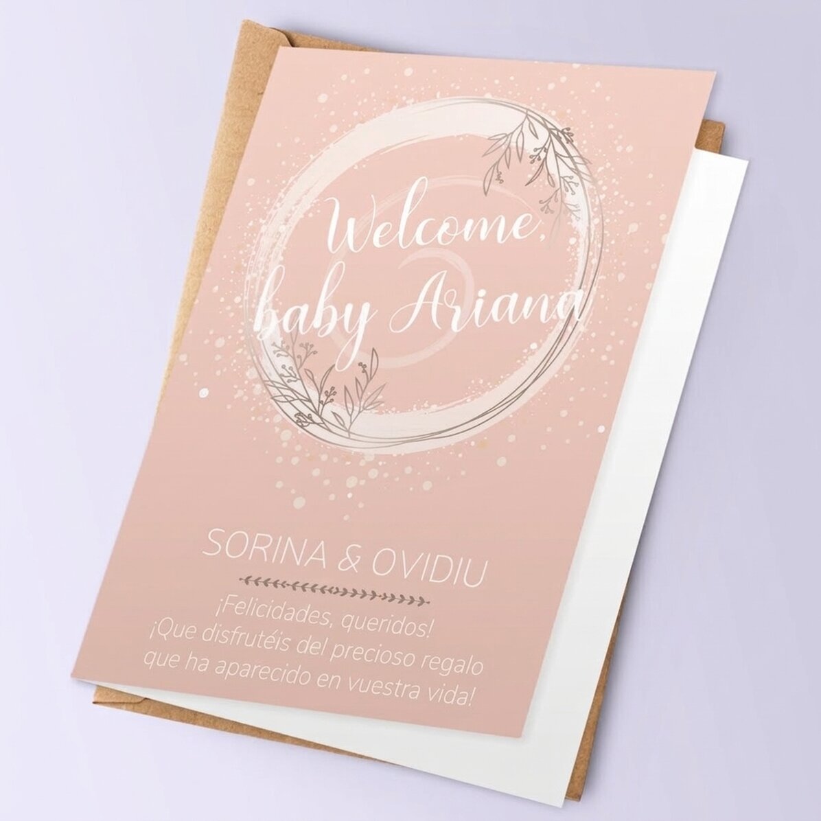 Tarjeta de felicitación personalizada con texto: «¡Bienvenido, bebé!»