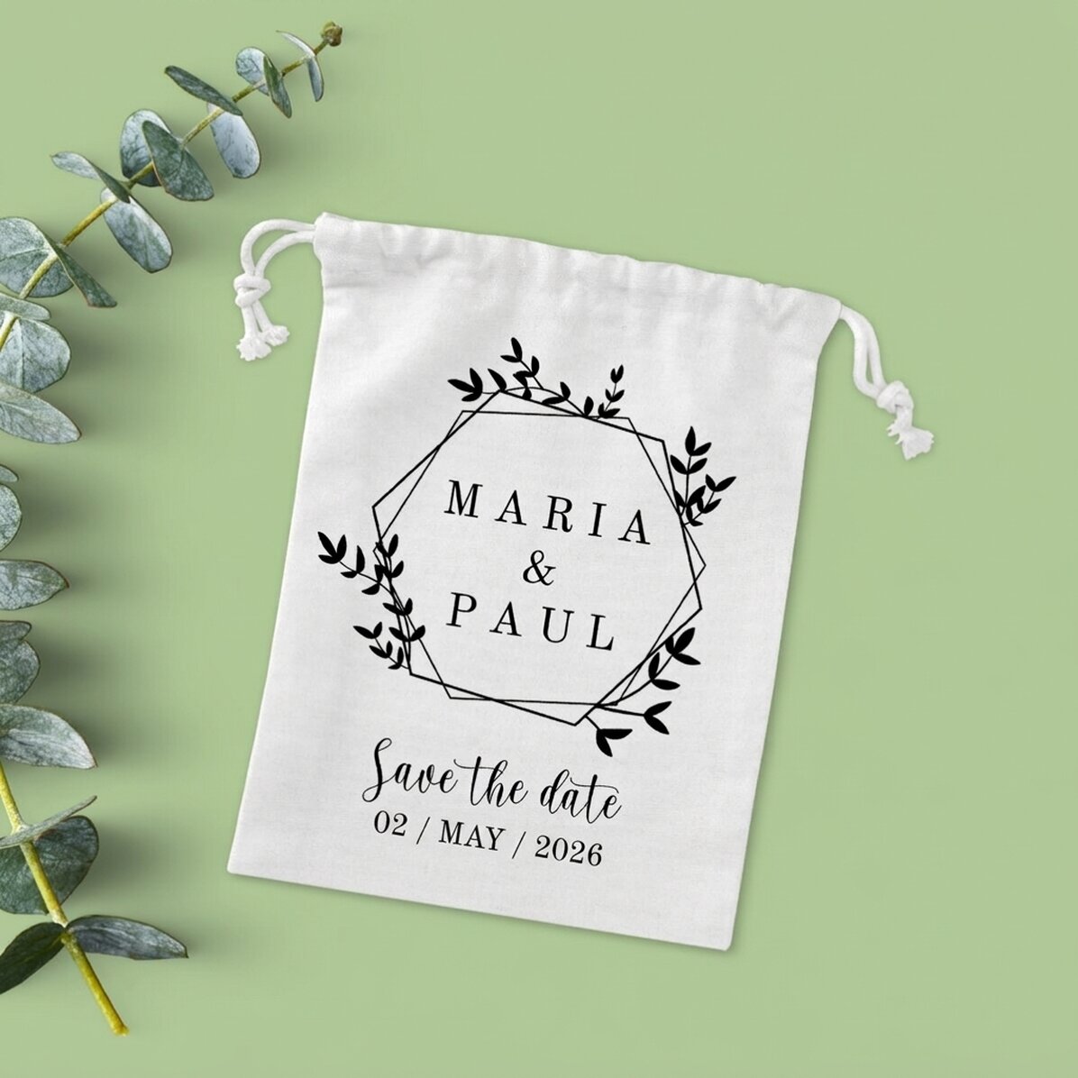 Bolsita pequeña para regalos personalizada con texto: «Save the date»
