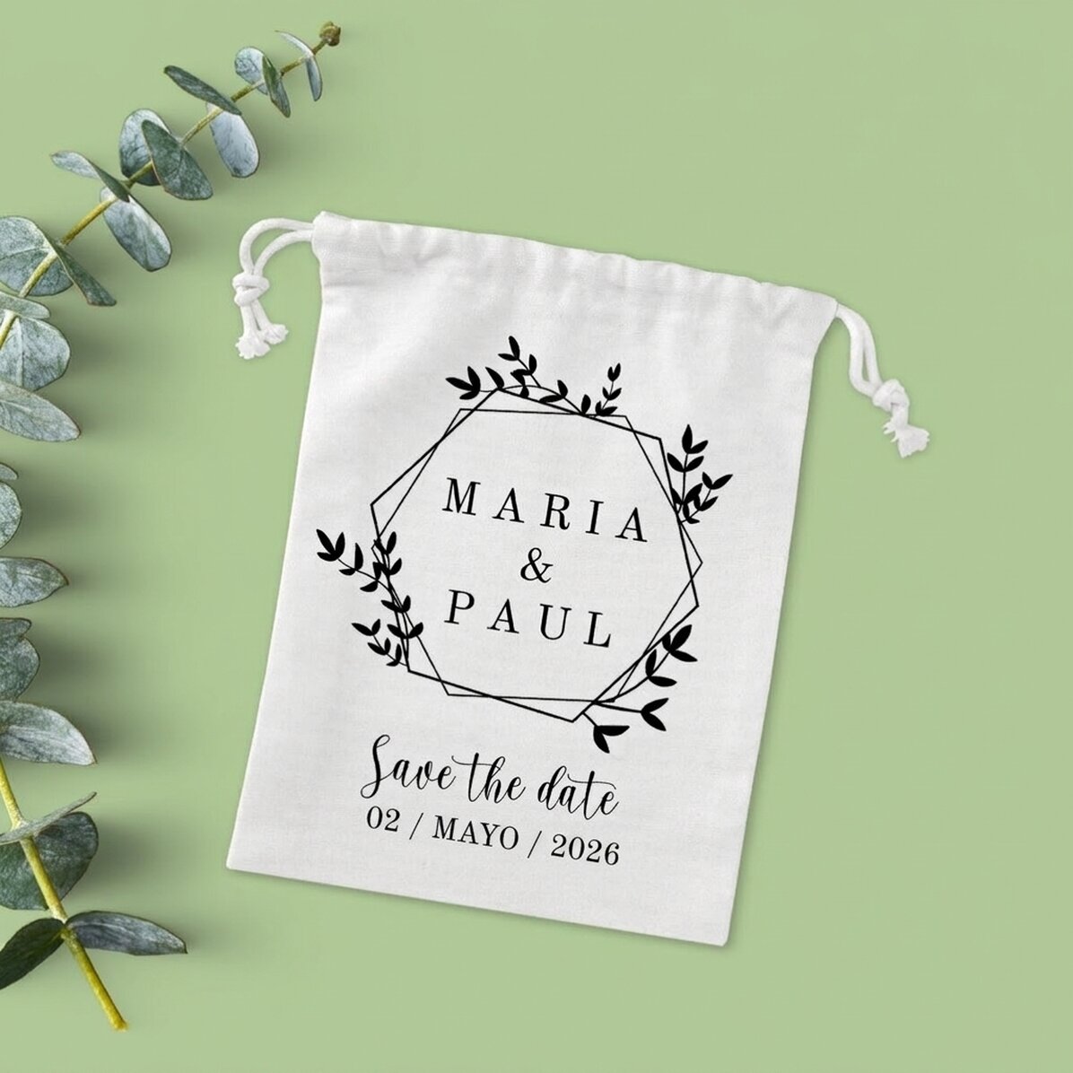 Bolsita pequeña para regalos personalizada con texto: «Save the date»