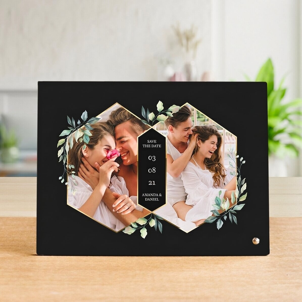 Marco de fotos de escritorio personalizado con 2 fotos y texto - «Save the Date»