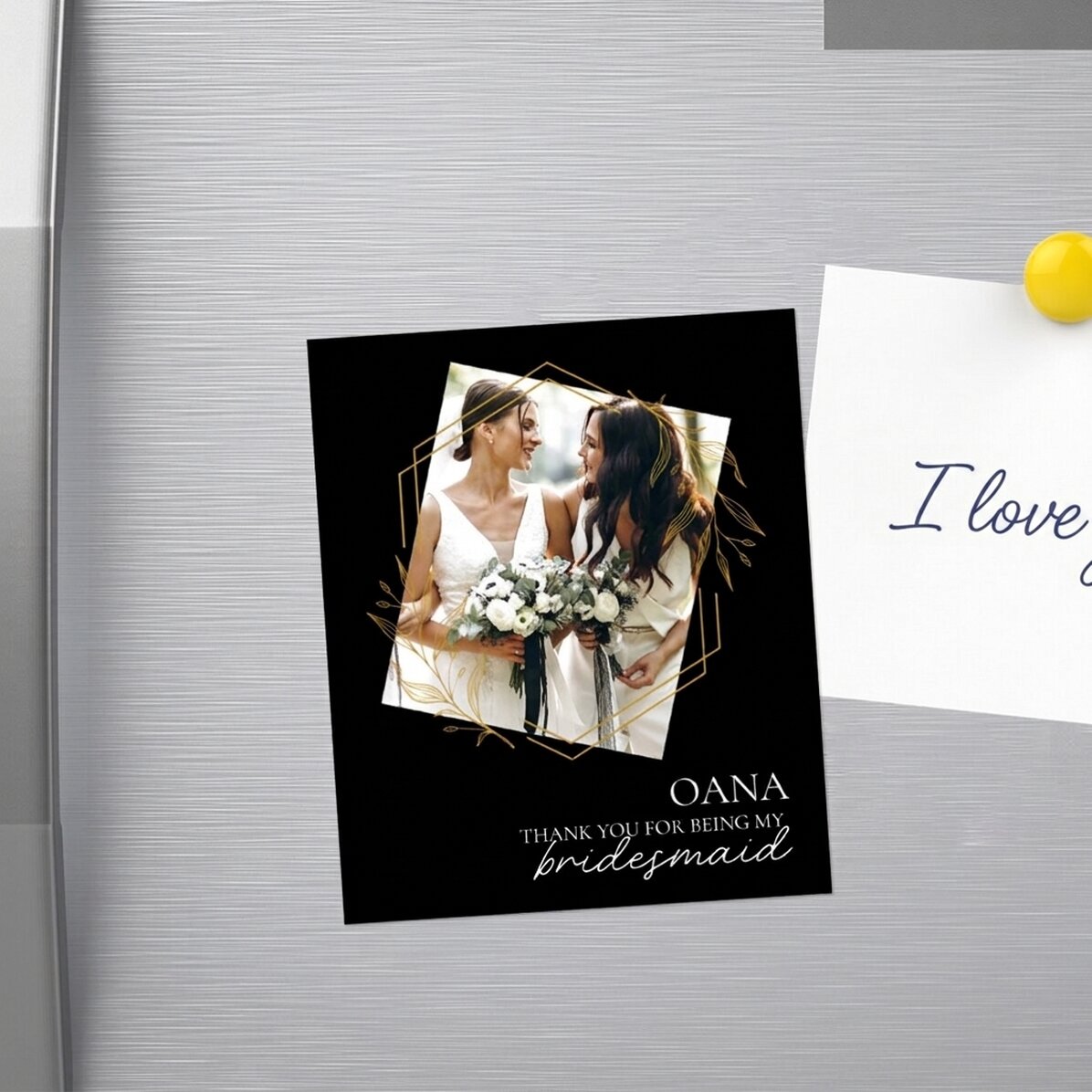 Imán de 10 x 12 cm personalizado con una foto y un texto: «¡Gracias!»