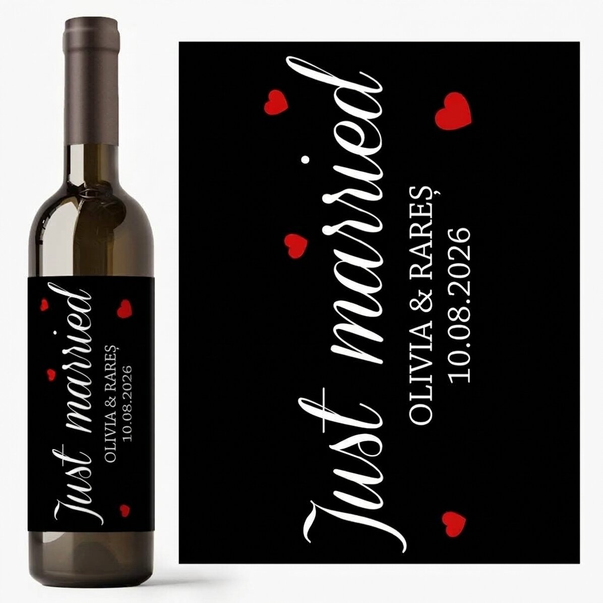 Vino personalizado con mensaje: «Just Married»