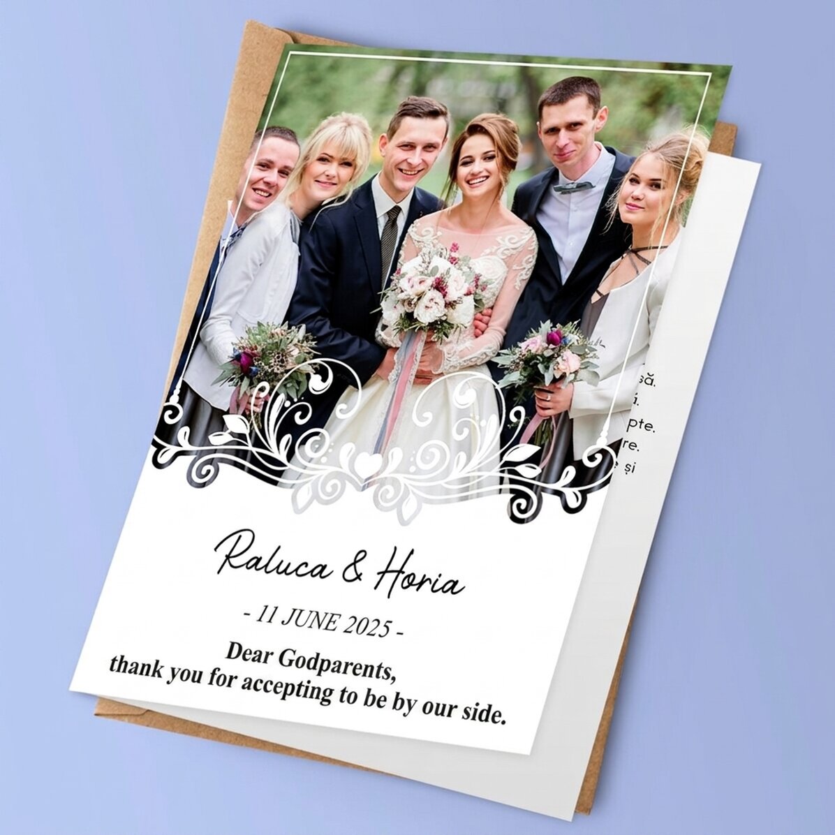 Tarjeta de felicitación personalizada con una foto y un texto - Boda