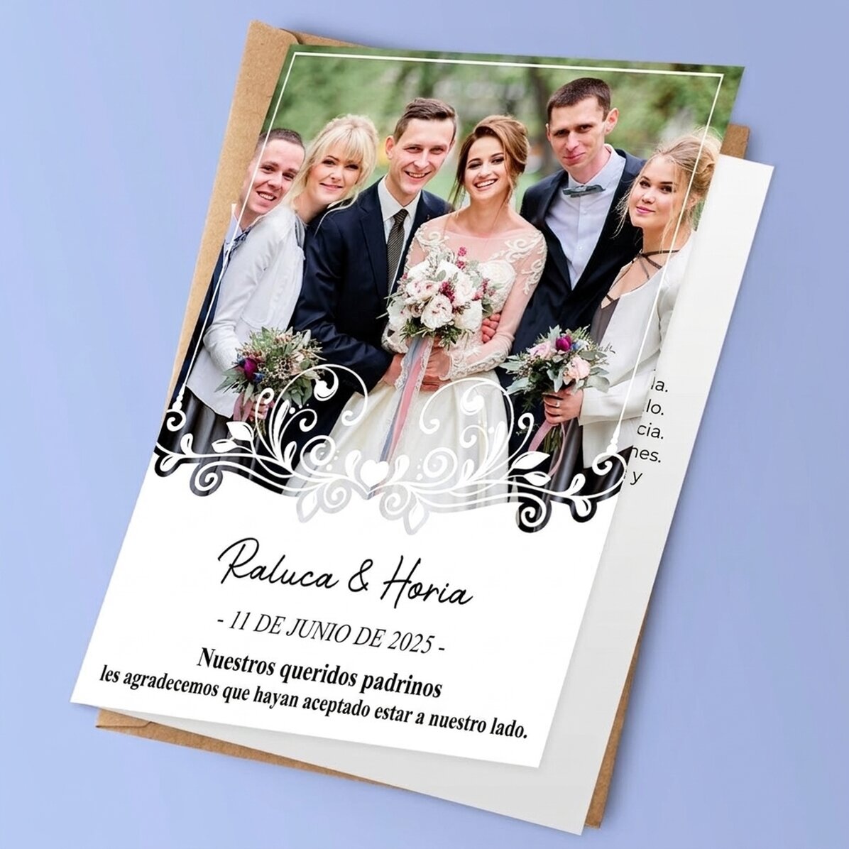 Tarjeta de felicitación personalizada con una foto y un texto - Boda