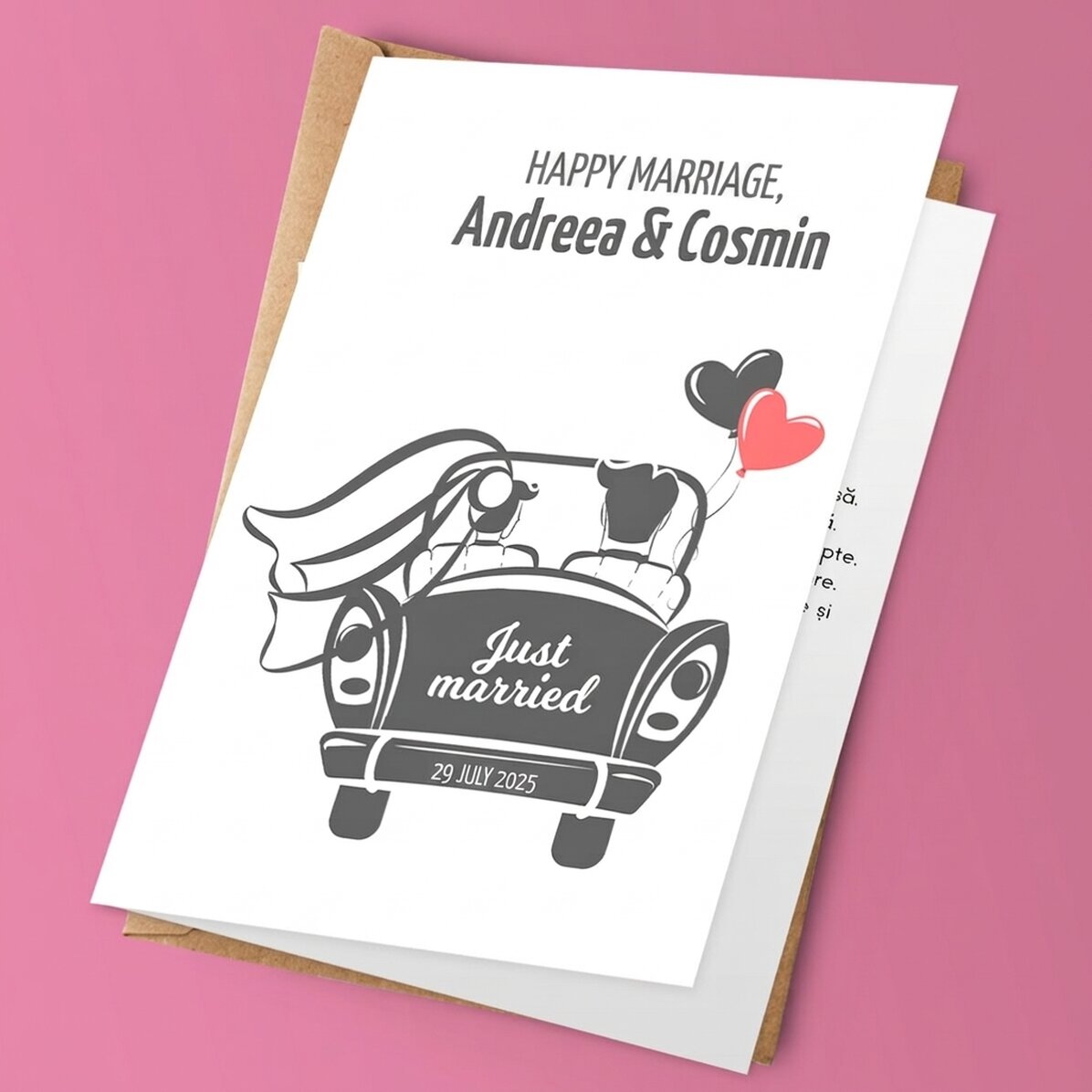 Tarjeta de felicitación personalizada con texto: «Just married»