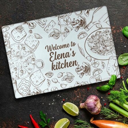 Personalised glass chopping board with text - Welcome to the kitchen