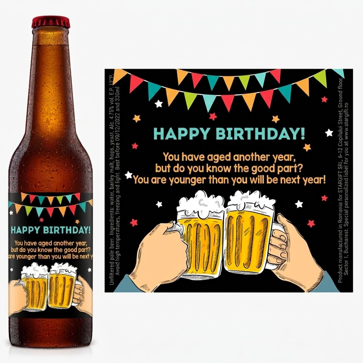 Cerveza personalizada con un mensaje divertido: «Feliz cumpleaños»