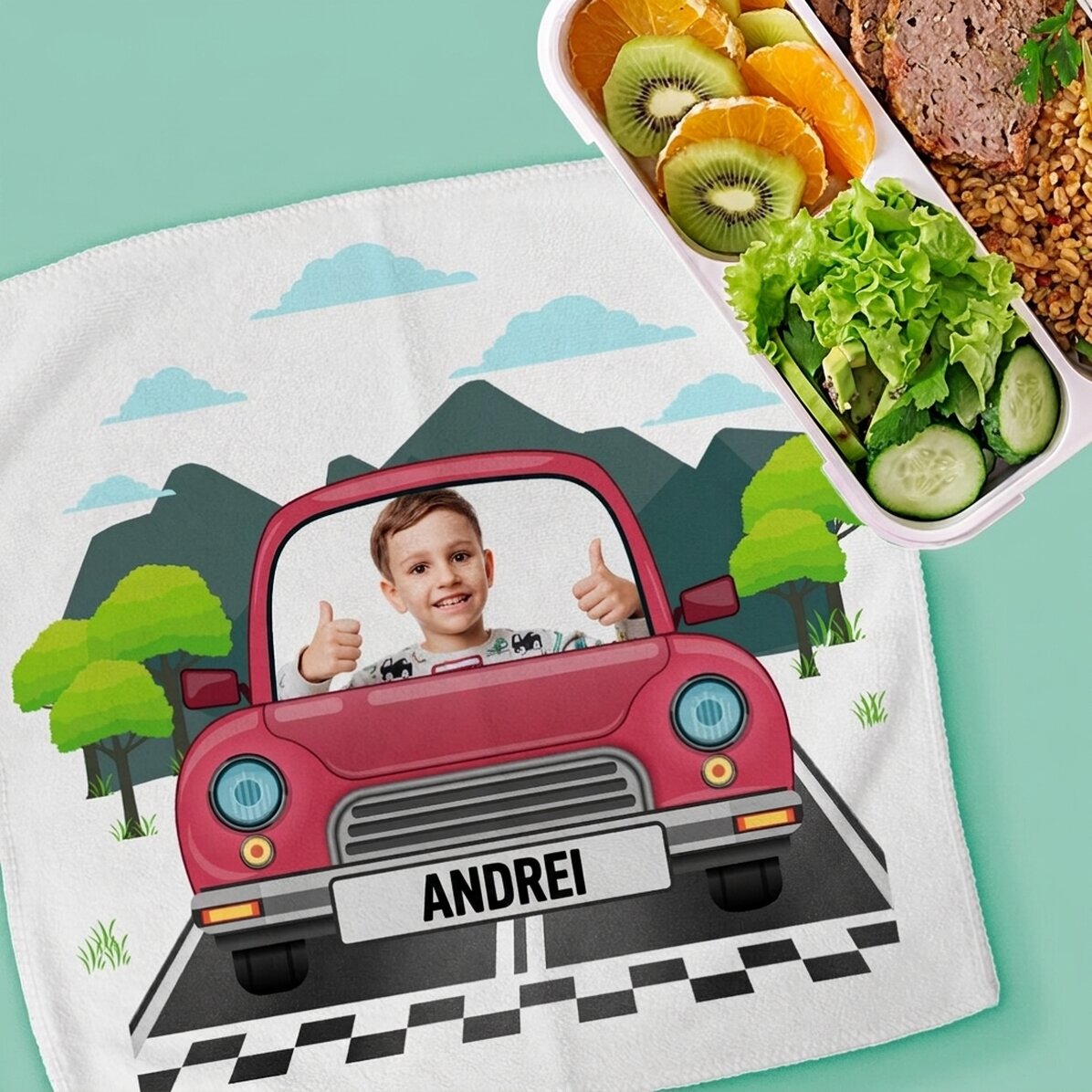 Toalla personalizada con una foto y un texto para niños - Coche