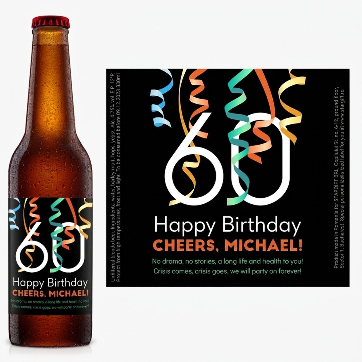 Cerveza personalizada con texto: «¡Salud!»