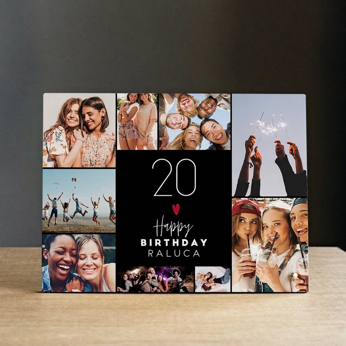 Marco de fotos de escritorio personalizado con 9 fotos y texto: «Feliz cumpleaños»