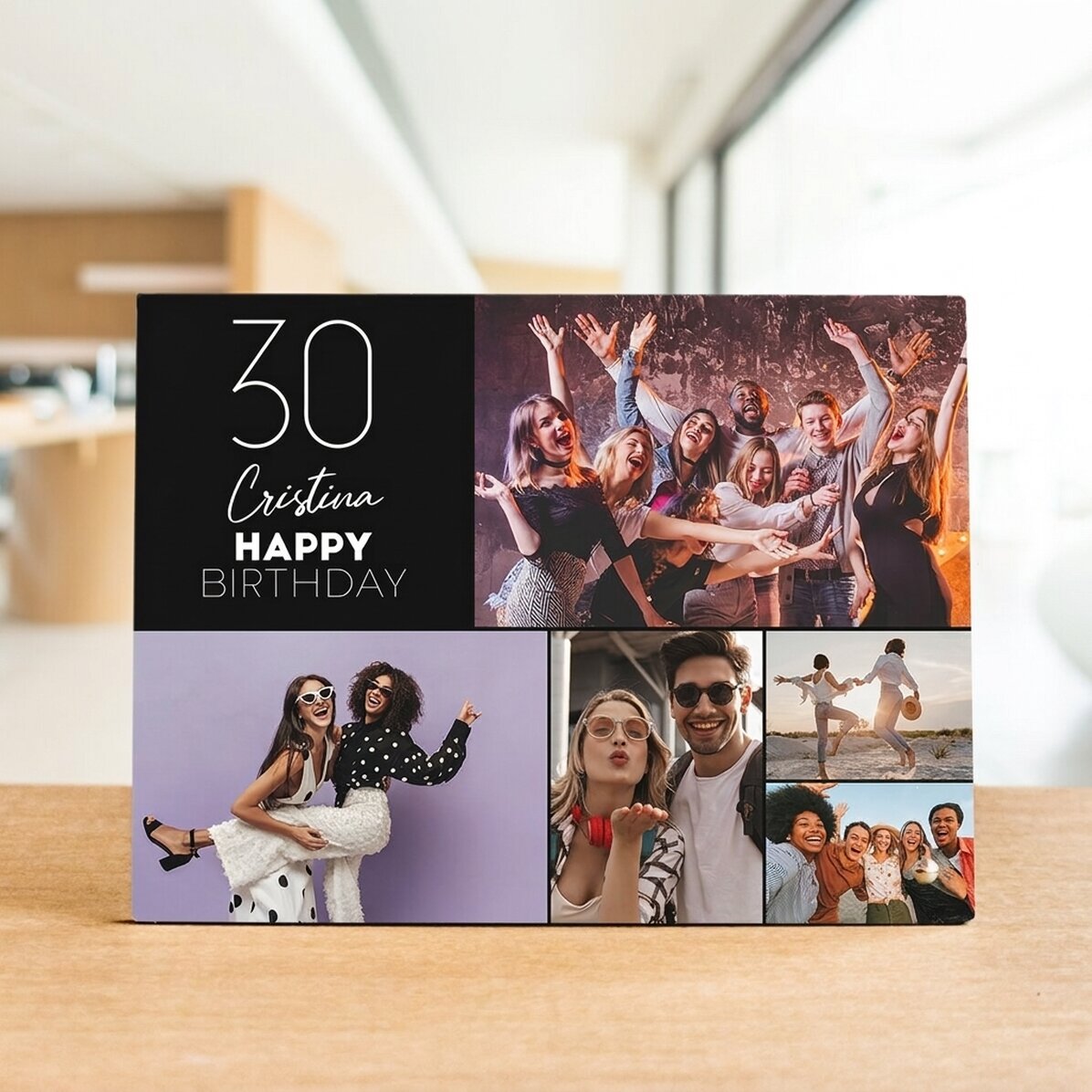 Marco de fotos de escritorio personalizado con 5 fotos y texto: «Feliz cumpleaños»