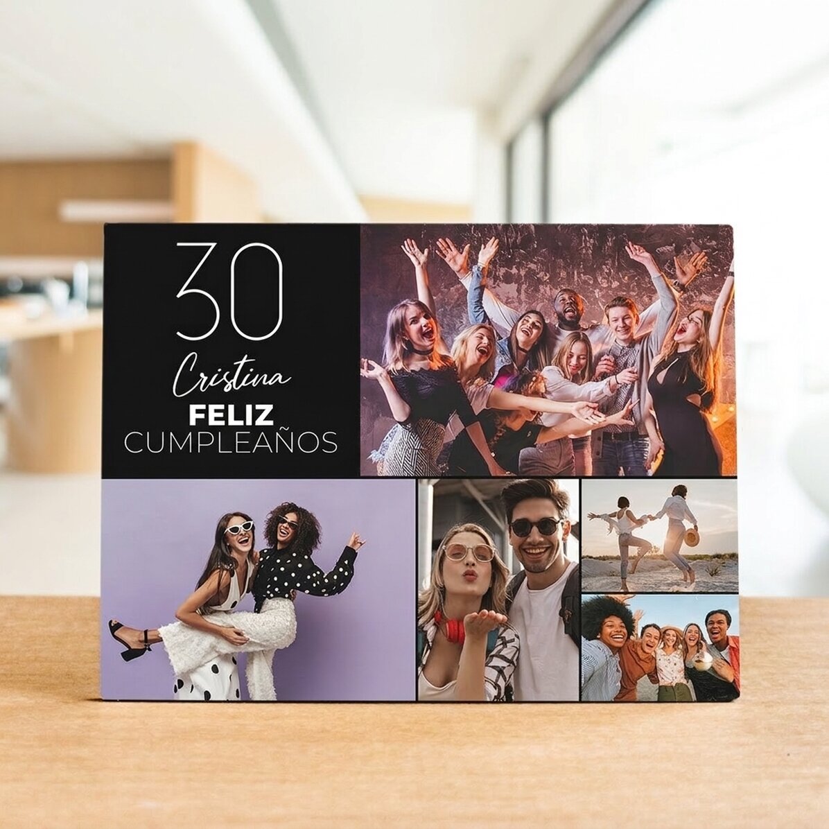 Marco de fotos de escritorio personalizado con 5 fotos y texto: «Feliz cumpleaños»