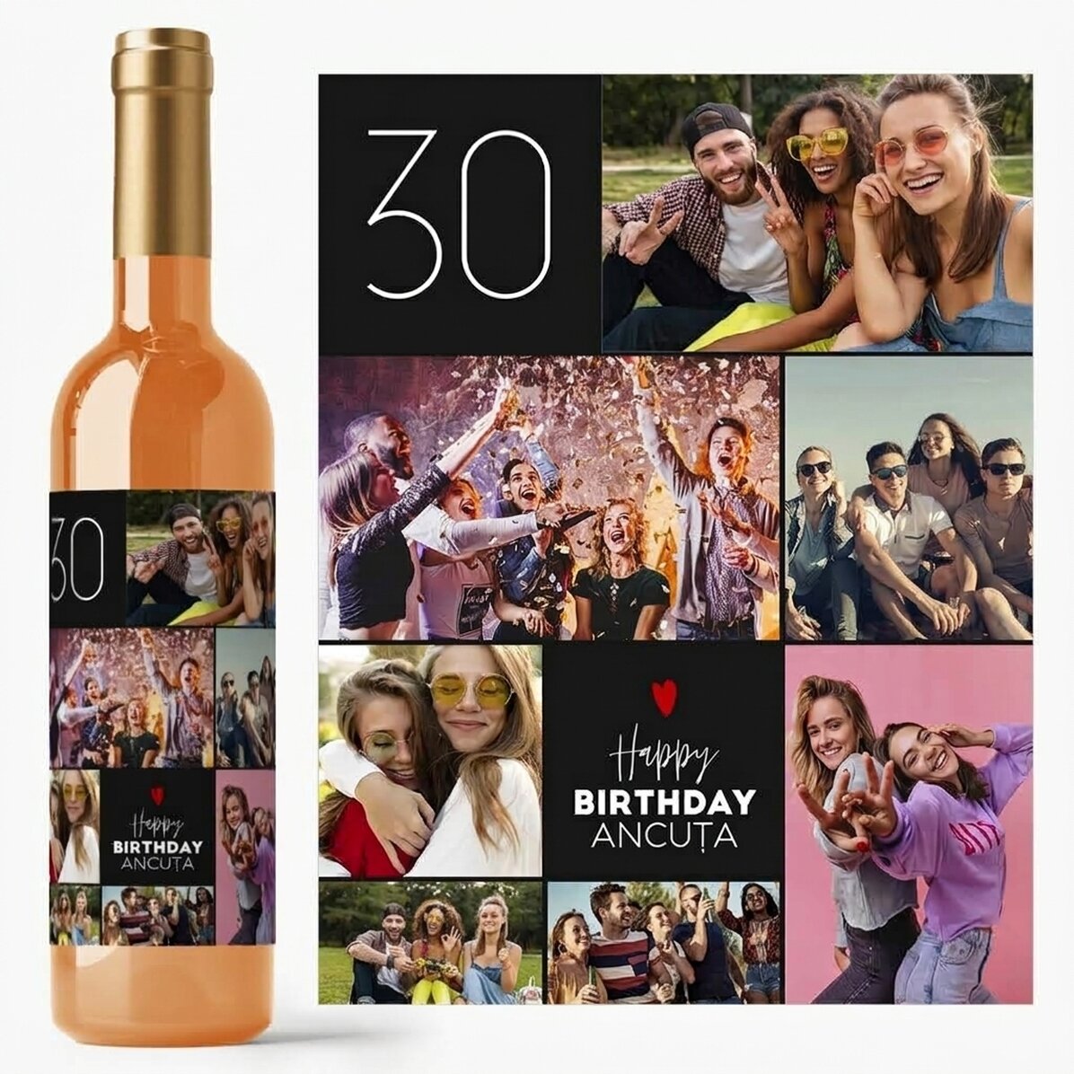Vino personalizado con texto y 7 fotos para un cumpleaños: ¡Feliz cumpleaños!