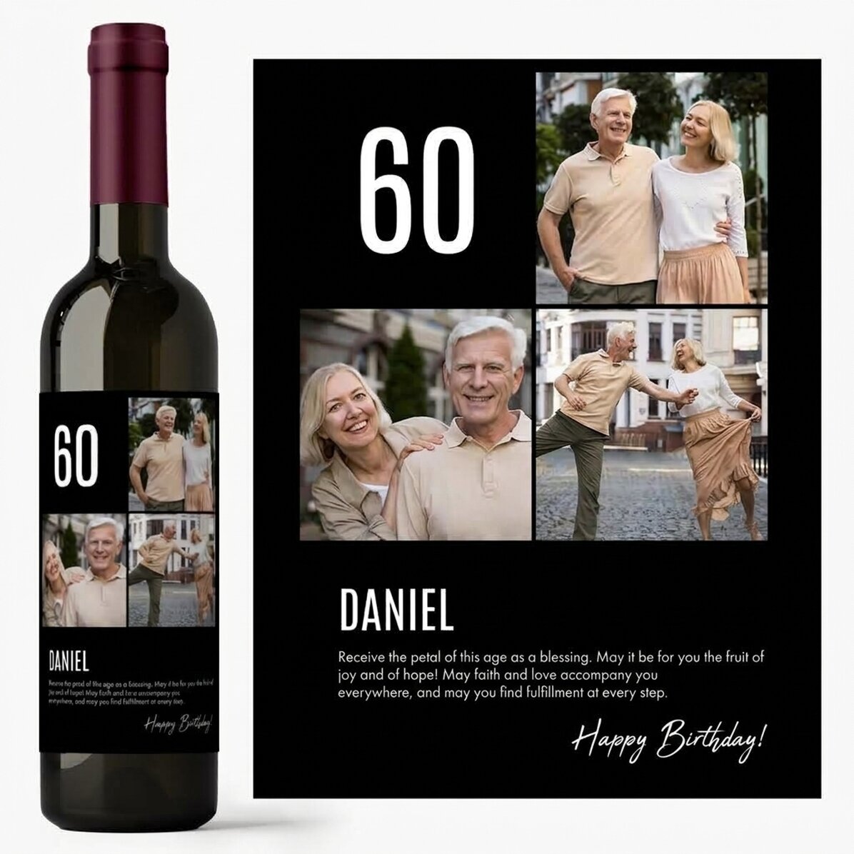 Vino personalizado con texto y 3 fotos para un cumpleaños - 60