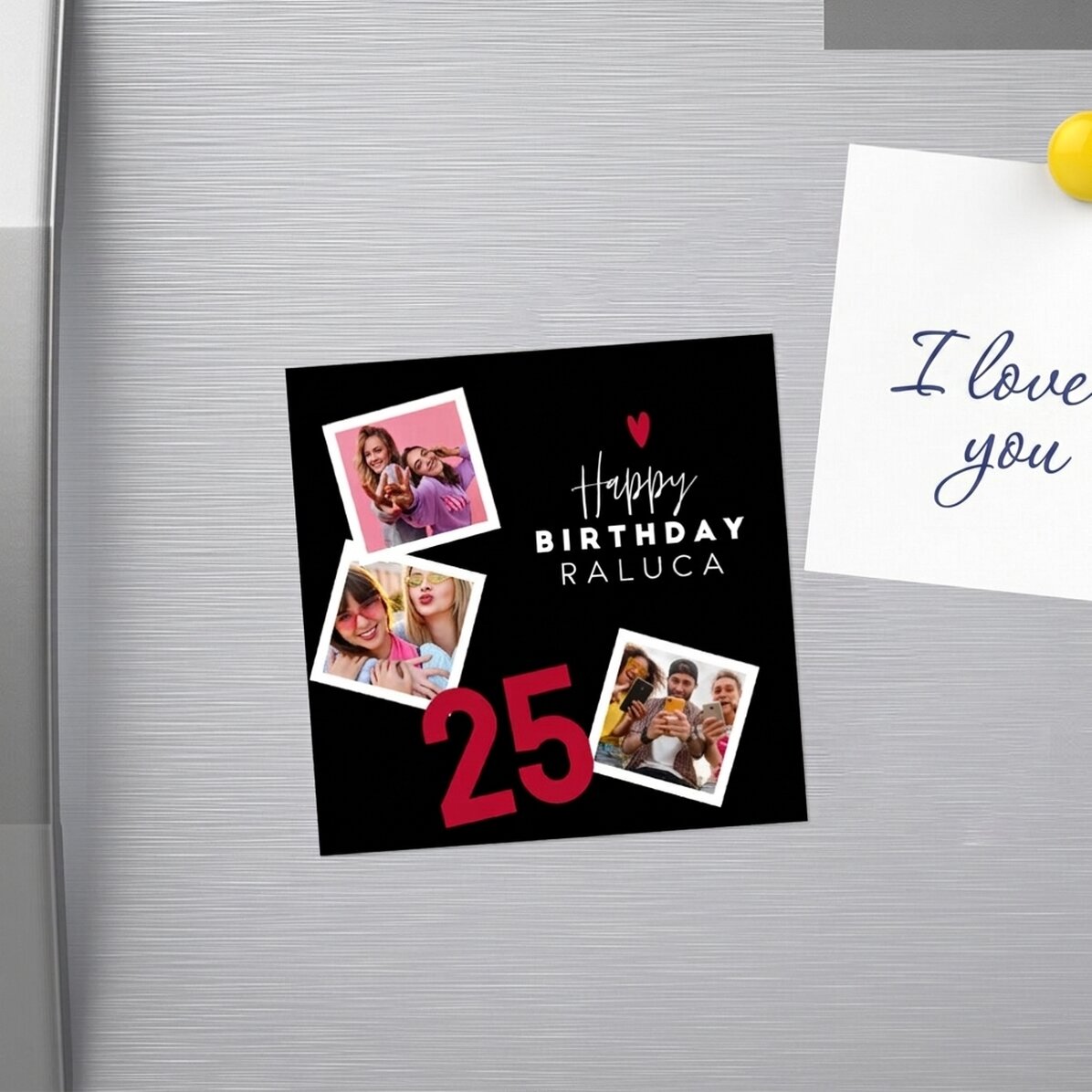 Imán personalizado de 10x10 con 3 fotos y texto: ¡Feliz cumpleaños!