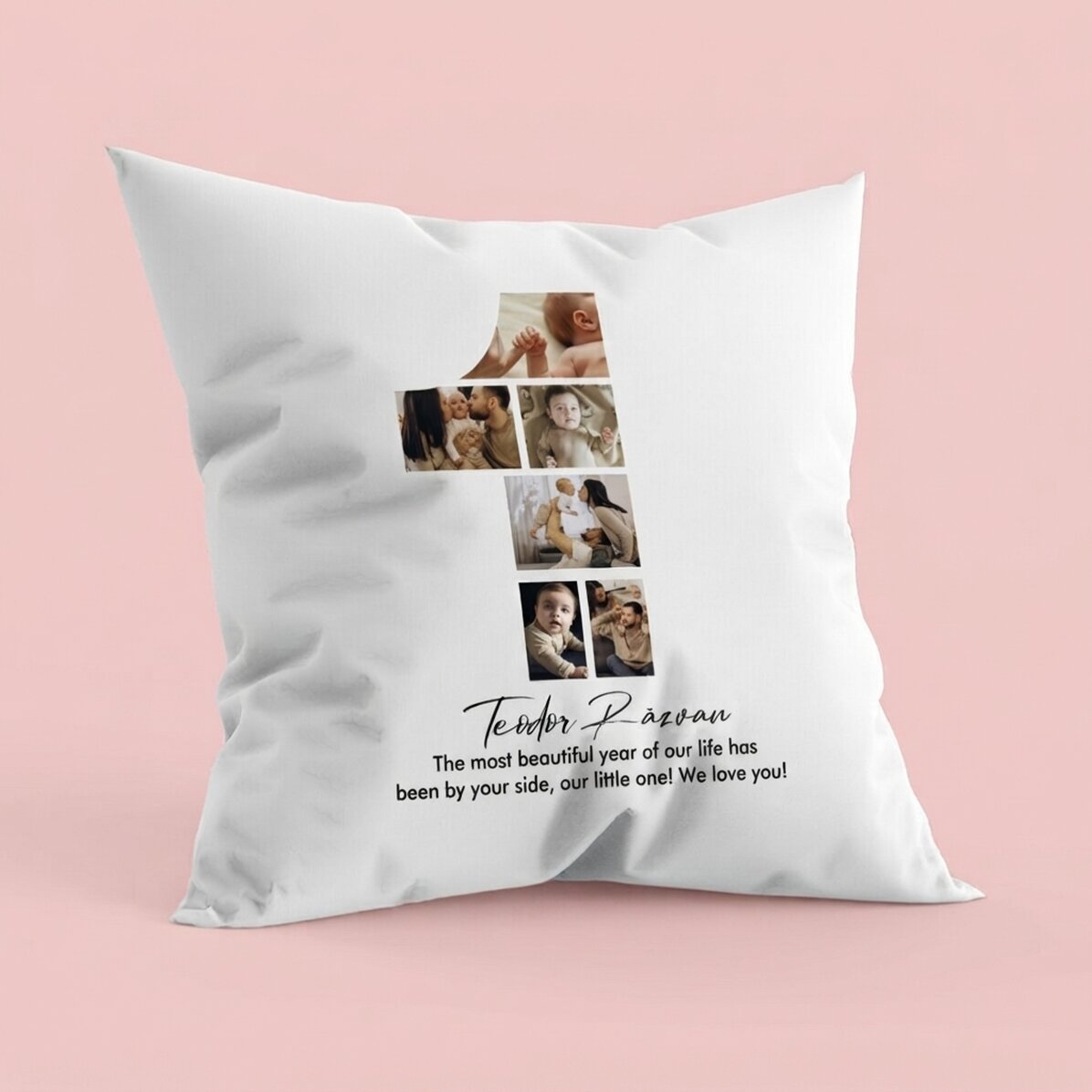Cojín personalizado con fotos y texto - 1.º cumpleaños