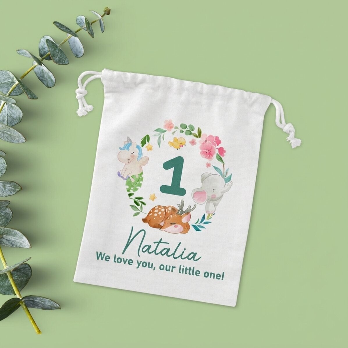 Bolsita pequeña para regalos personalizada con el texto «¡Feliz cumpleaños, pequeñín!».