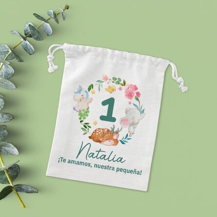 Bolsita pequeña para regalos personalizada con el texto «¡Feliz cumpleaños, pequeñín!».