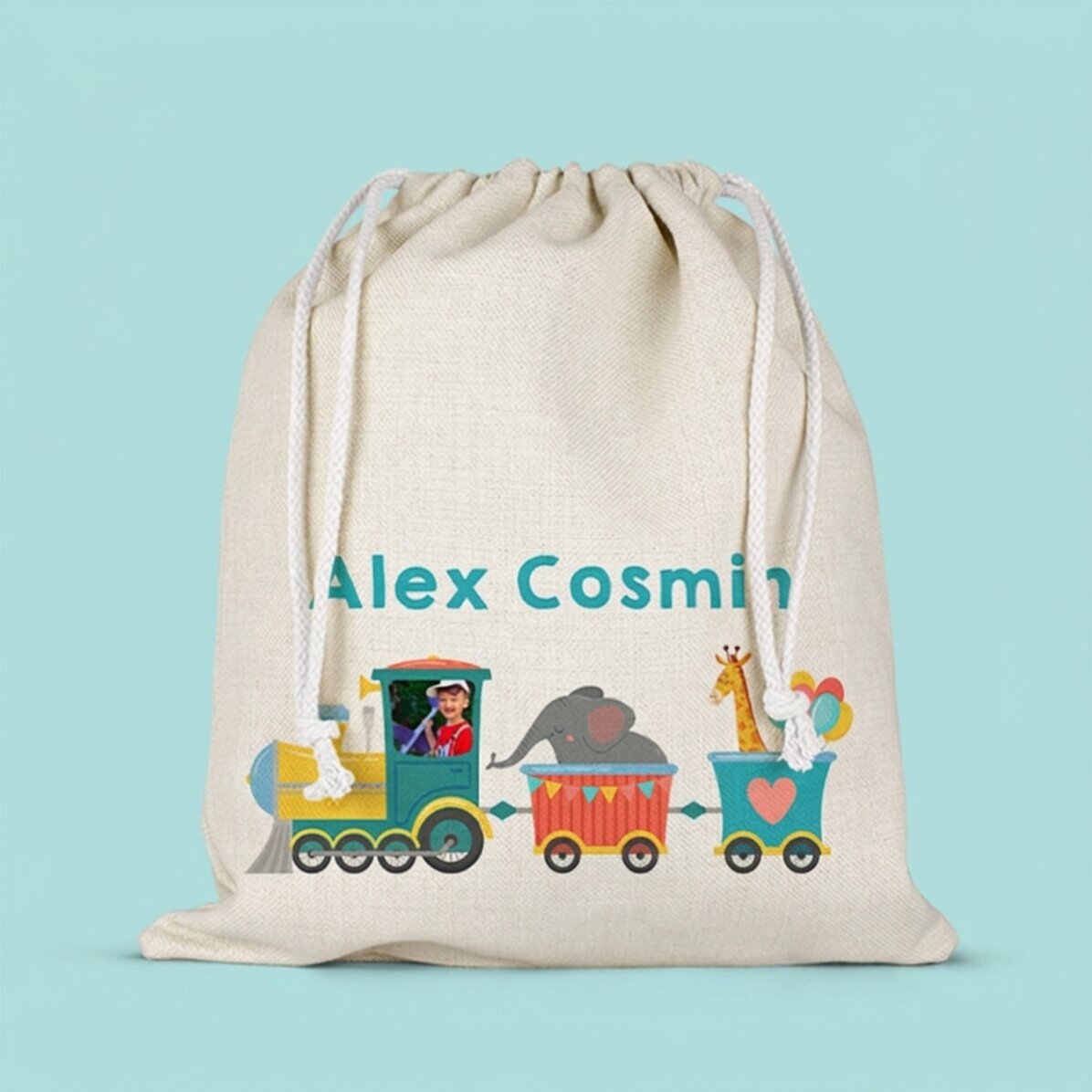 Bolsa mediana personalizada con nombre y foto - Trenecito