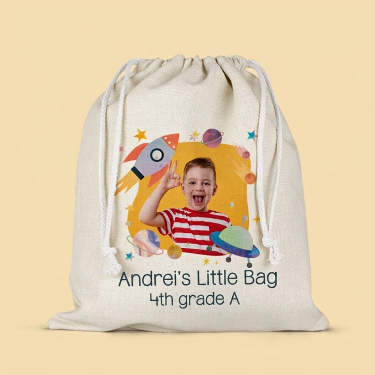 Bolsa para el colegio personalizada con texto y una foto - Cohete espacial