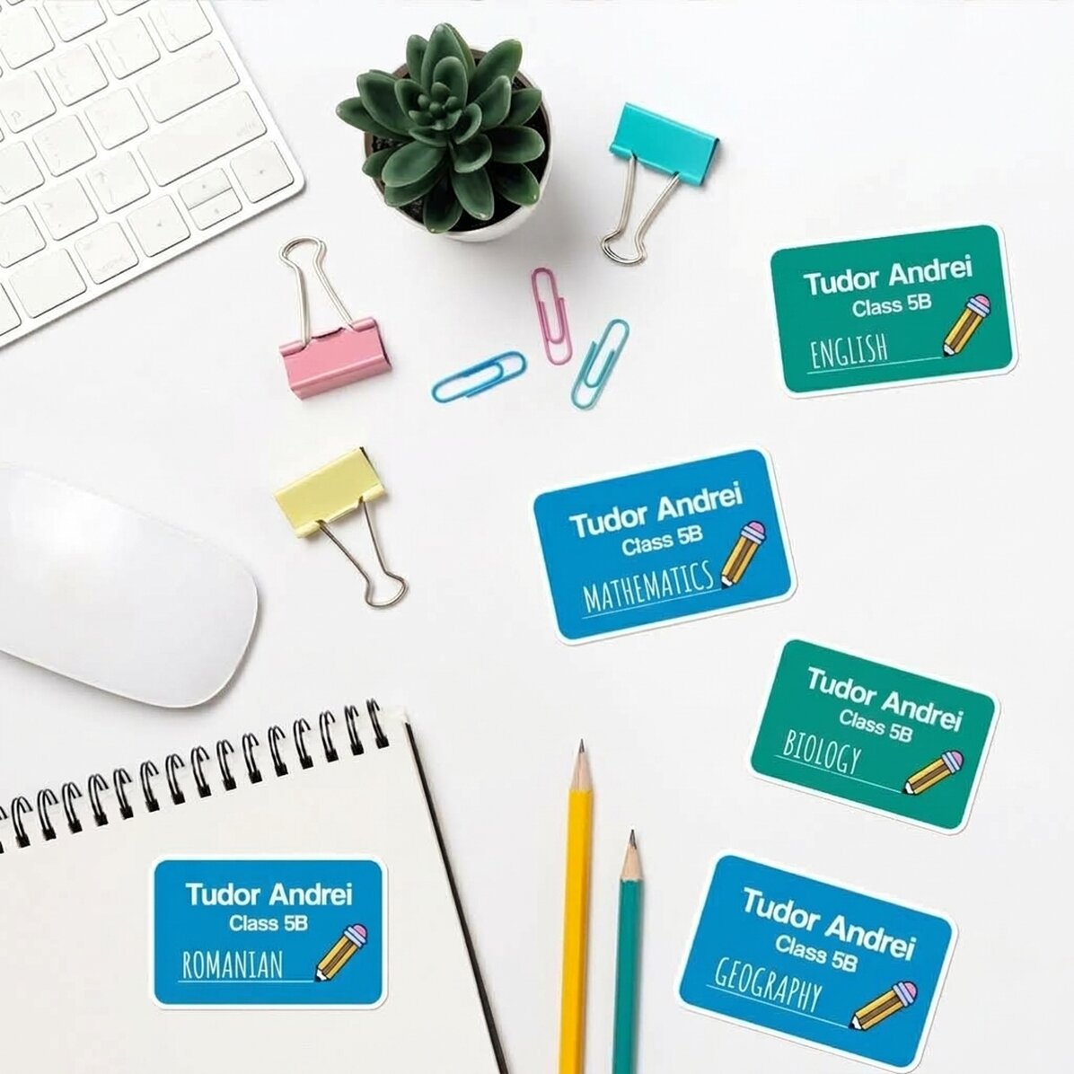Lote de 8 pegatinas (etiquetas autoadhesivas) personalizadas para el colegio con texto y fondo de co