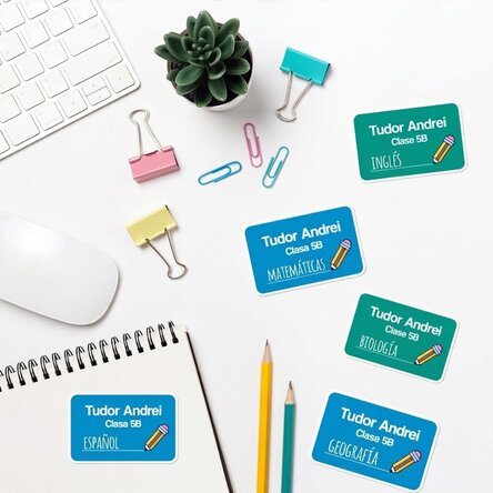 Lote de 8 pegatinas (etiquetas autoadhesivas) personalizadas para el colegio con texto y fondo de co