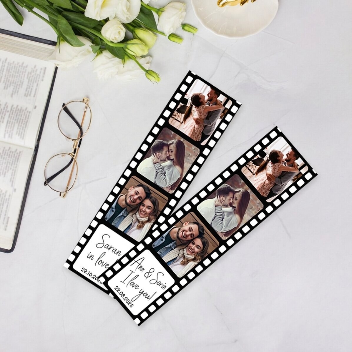 Marcapáginas personalizado con 3 fotos y texto - Nuestra historia