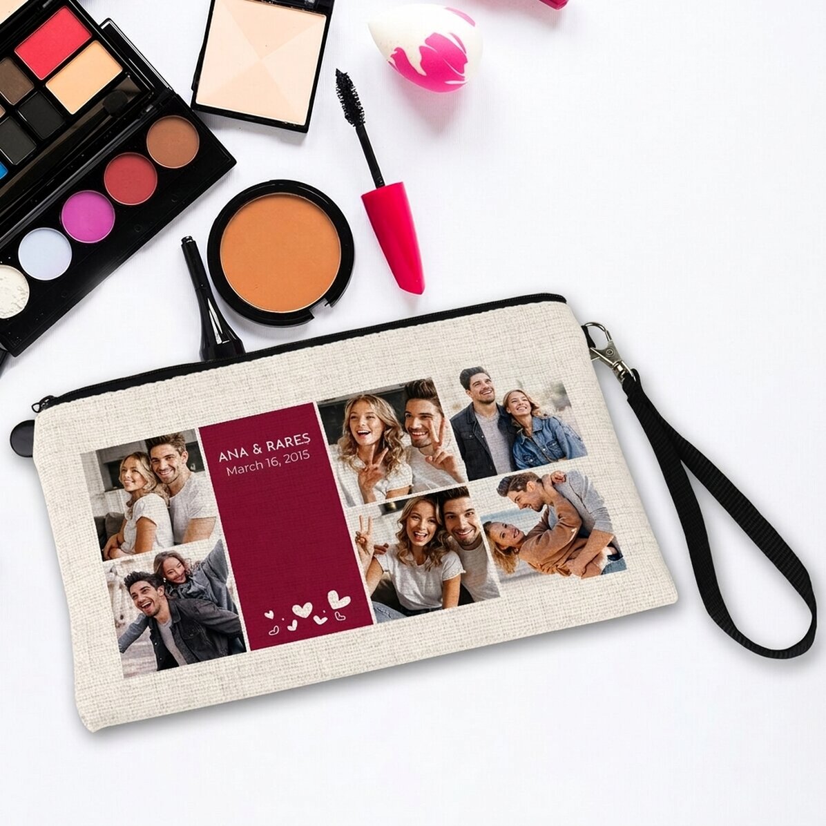 Bolsita para cosméticos personalizada con texto y 6 fotos