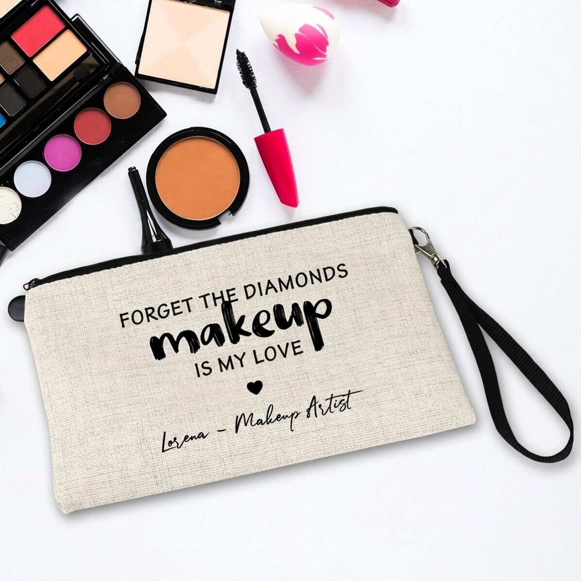 Bolsita para cosméticos personalizada con el texto «I love makeup»